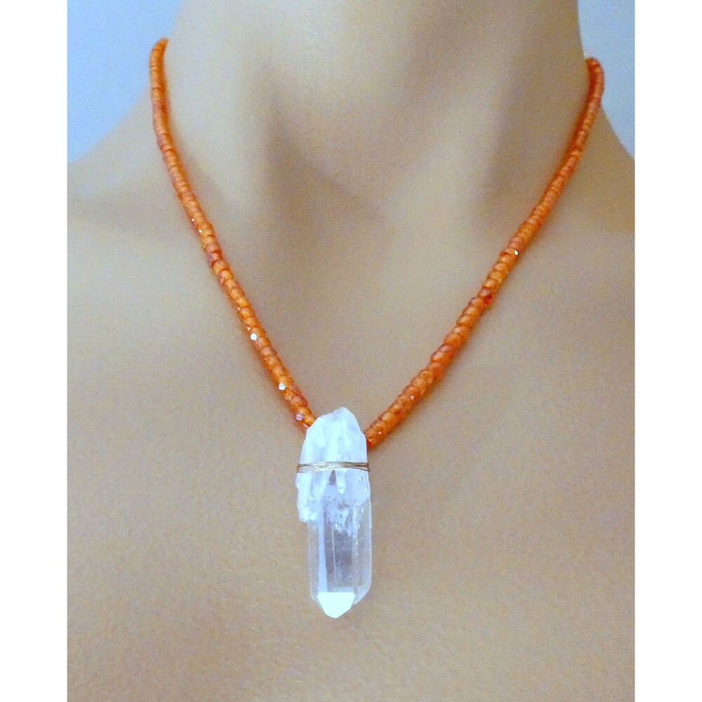 Natural Angel Aura Crystal Quartz Point  Orange Zircon Gold Fill Necklace